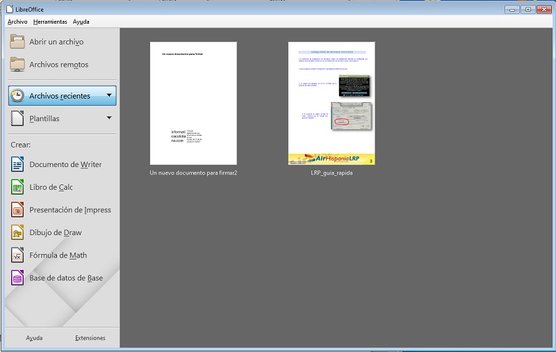 Pantalla incial LibreOffice