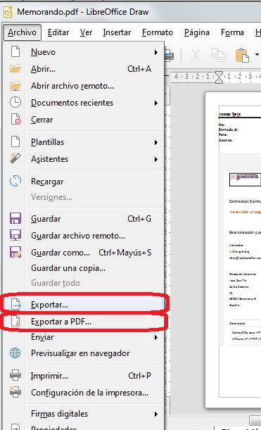 menu exporatr Draw LibreOffice